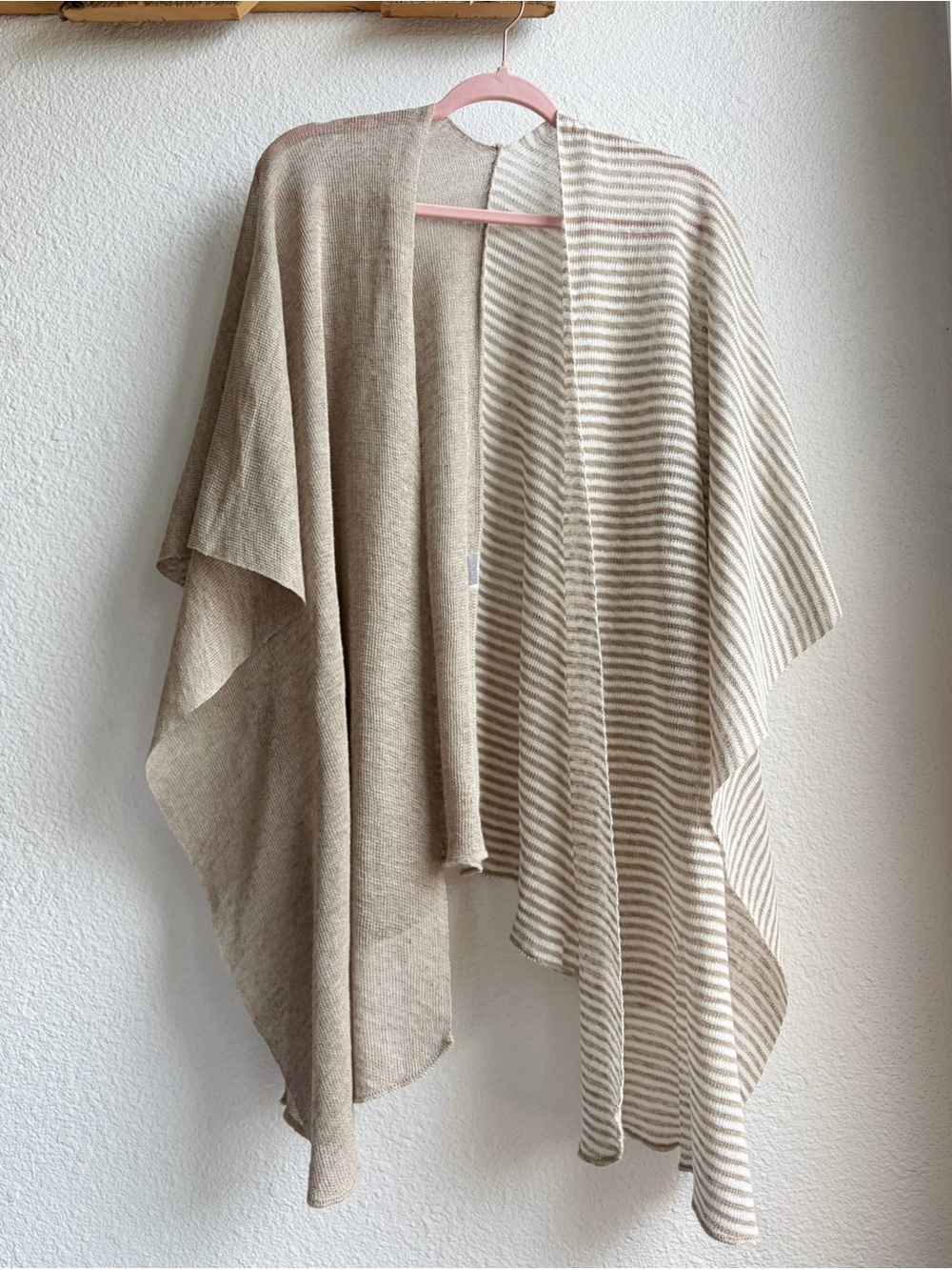 Tan Half Striped Knit Linen Ruana Wrap OS